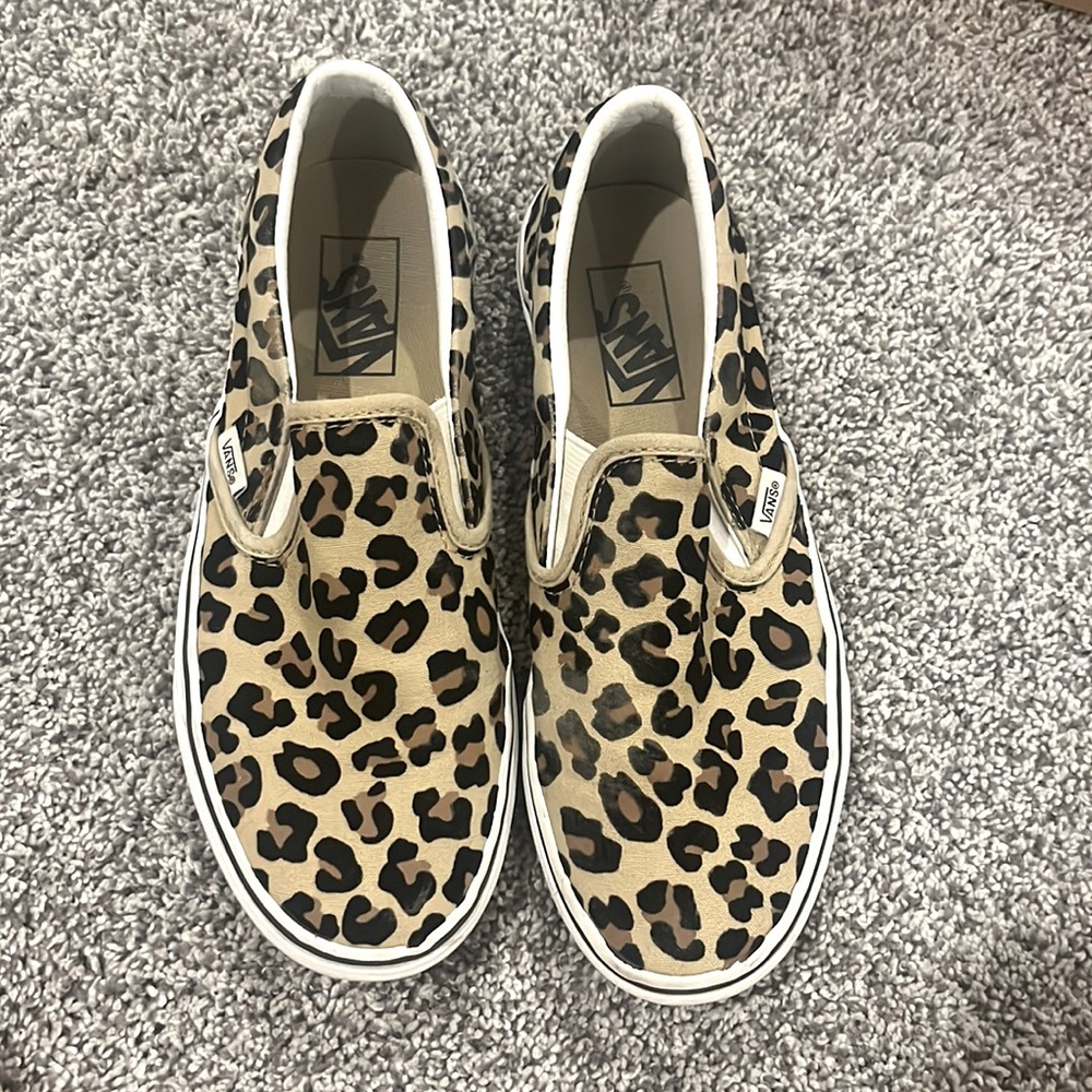 Women’s leopard print slip on vans, size 8, with box